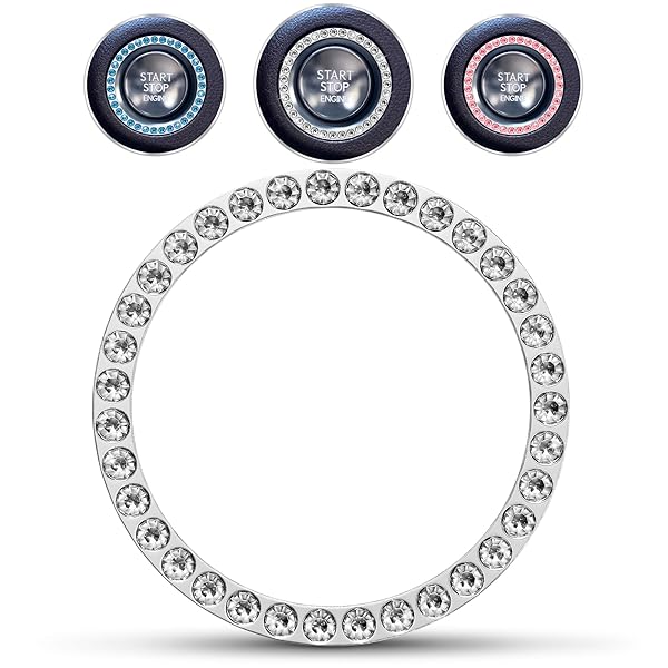 Car Bling Push Start Button Cover Durable Zinc Alloy Bling Ring Sticker with Crystal Rhinestones, Fits Most Engine Start Stop Decoration for Car Interior Accessories, Tool-Free Installation, Silver