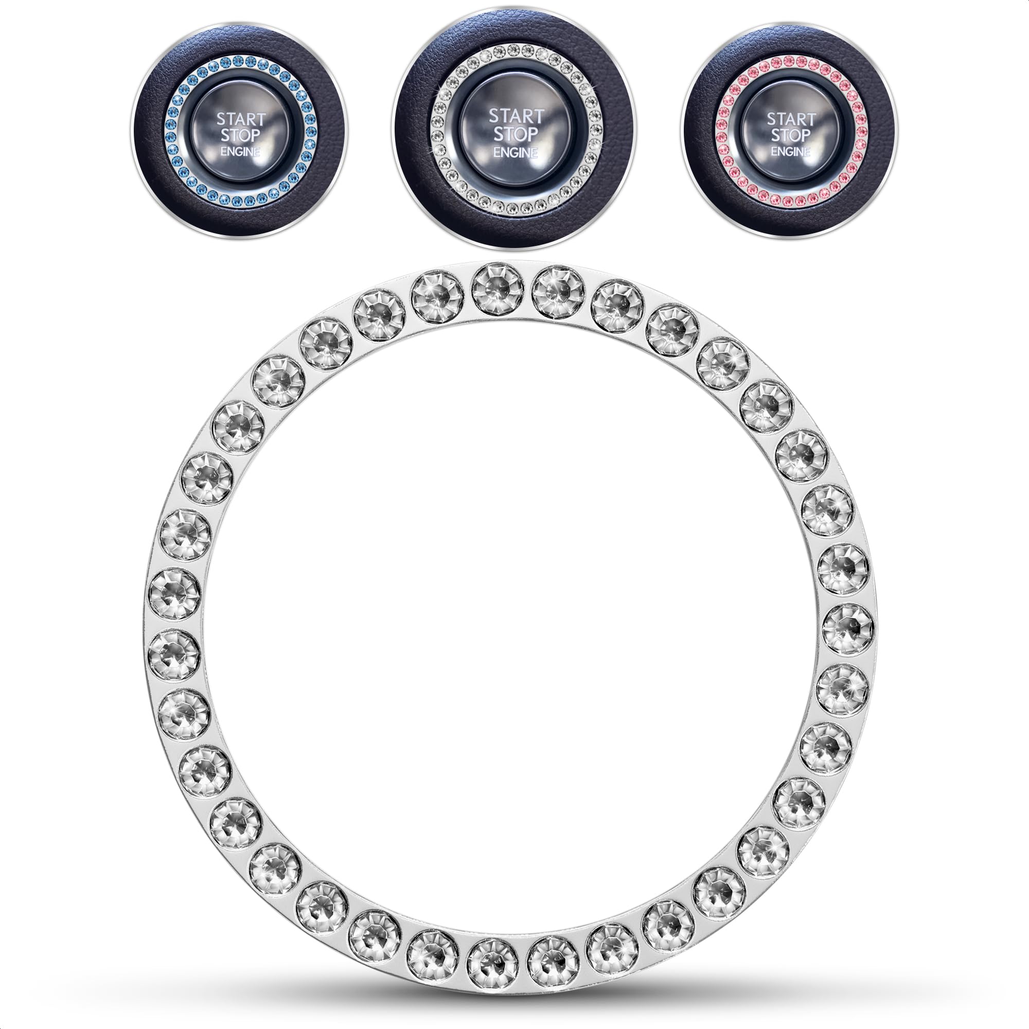 Car Bling Push Start Button Cover – Durable Zinc Alloy Bling Ring Sticker with Crystal Rhinestones, Fits Most Engine Start Stop Decoration for Car Interior Accessories, Tool-Free Installation, Silver