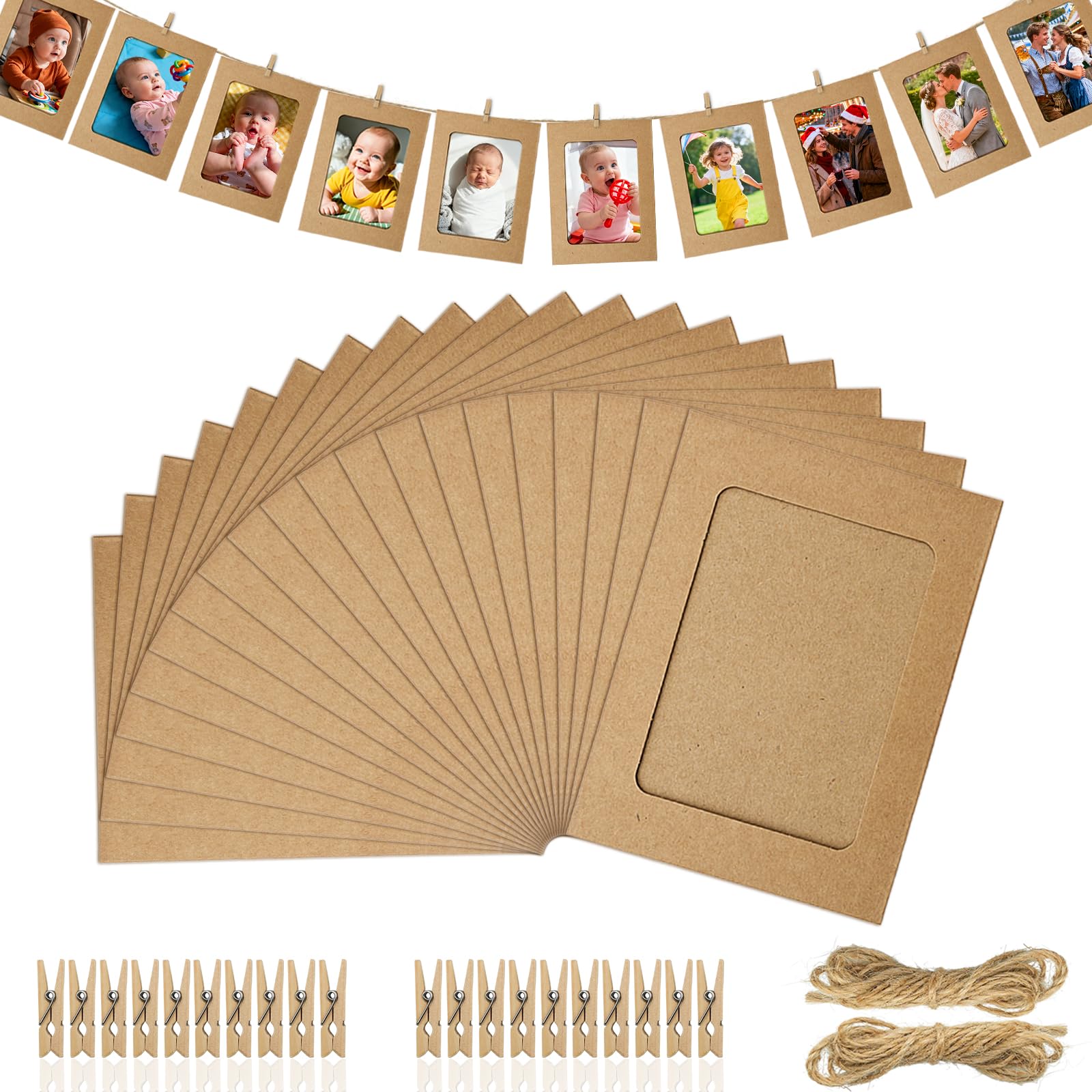 XIANGLONGY 20 Stück Hängende Papier Fotorahmen, Papier Bilderrahmen 11.5 x 15.5 cm, DIY Fotogirlande mit Juteseil & Holzklammern für Geburtstag Hochzeit Party Jubiläum Deko Foto Banner (Kraftpapier)