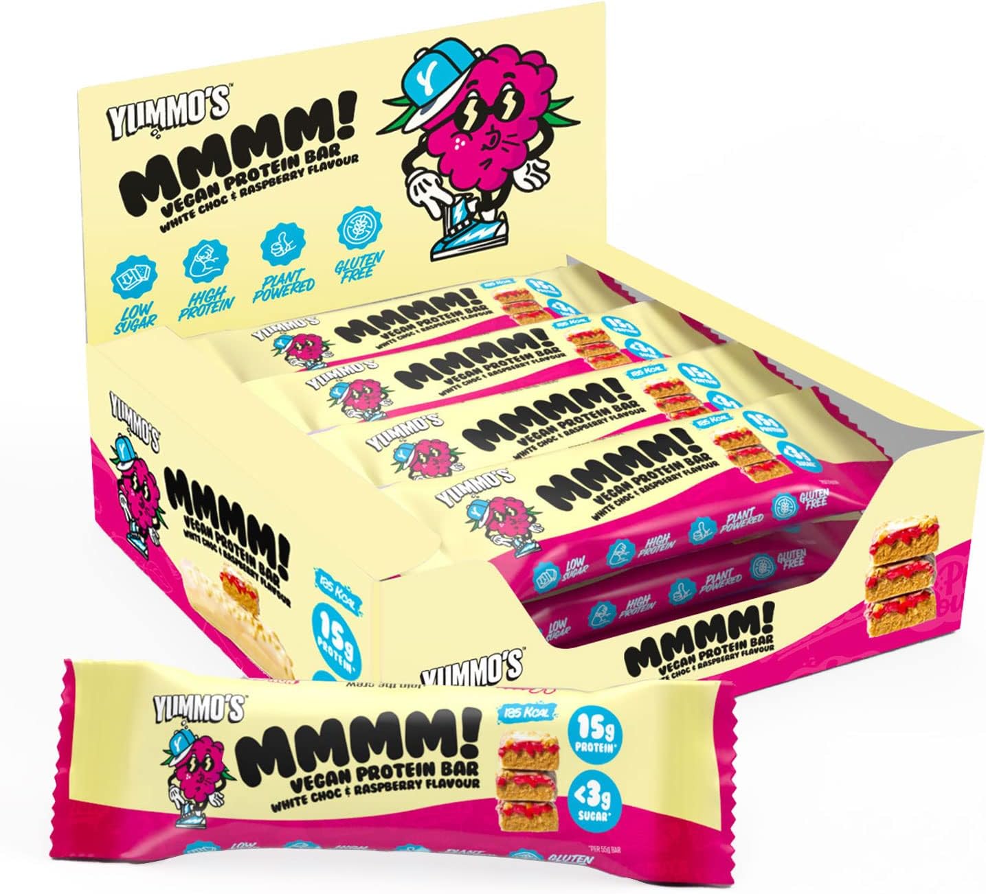 Yummo's - Vegan Protein Bar (White Choc & Raspberry) - Plant Based, High Protein, Low Sugar, Vegan, Gluten Free Snack (12 pack)