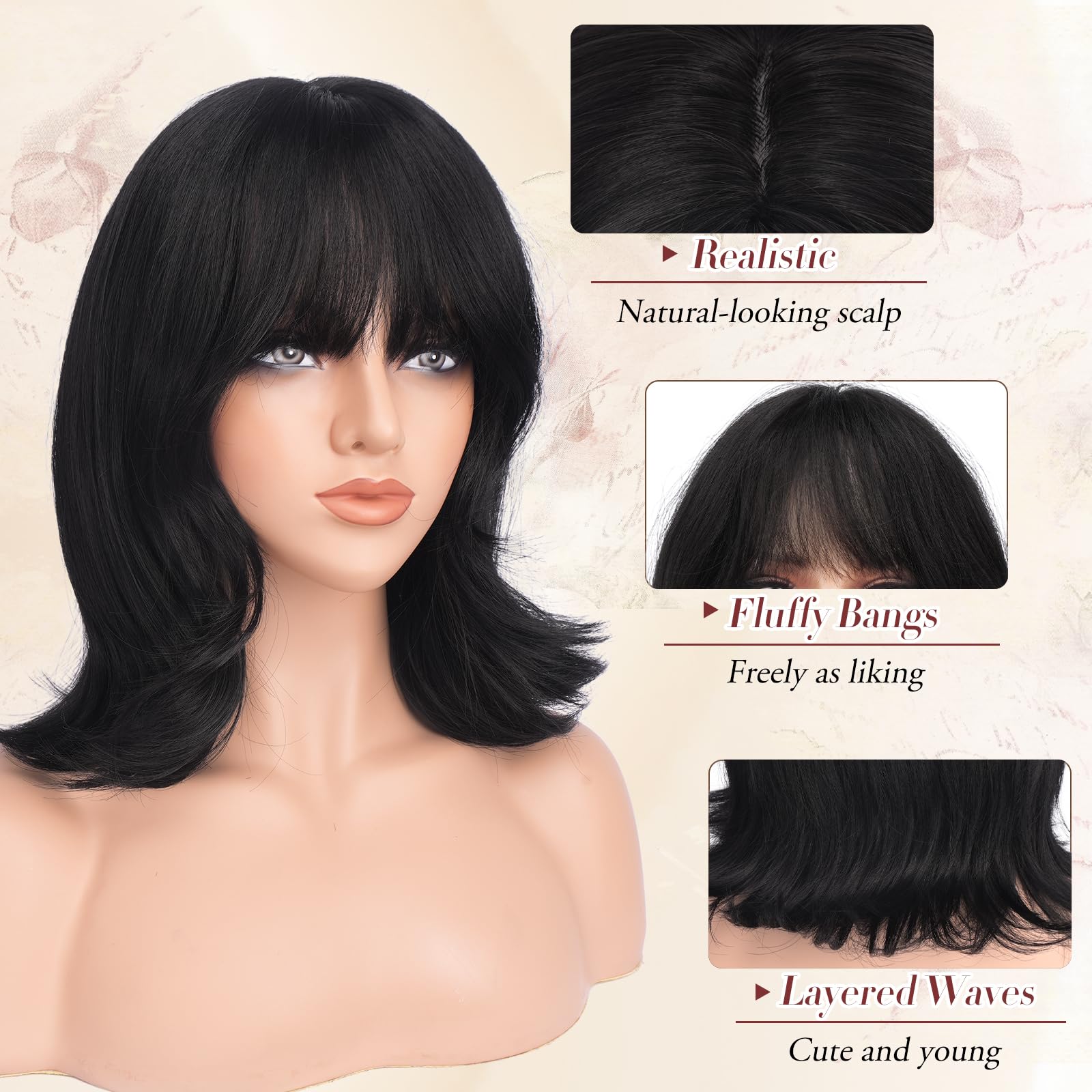 Synthetic Bob Wig with Bangs Wavy Layered Shoulder Length Party Daily Wear Amazon.com: AGO Pink Wigs Short Wavy Hair Pastel Bob Wig  main image 2