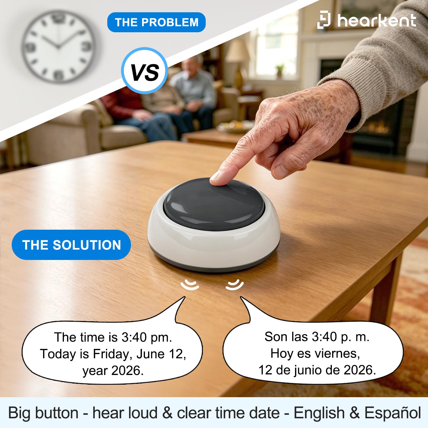 Hearkent Reloj parlante, inglés y español, botón grande para indicar la