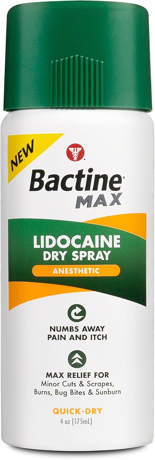 Bactine MAX Dry Spray for Pain Relief with 4% Lidocaine - Numbing Lidocaine Spray with Cooling First Aid - Pain + Itch Relief For Minor Cuts & Scrapes, Burns, Bug Bites, Sunburns & Postpartum Care - 4