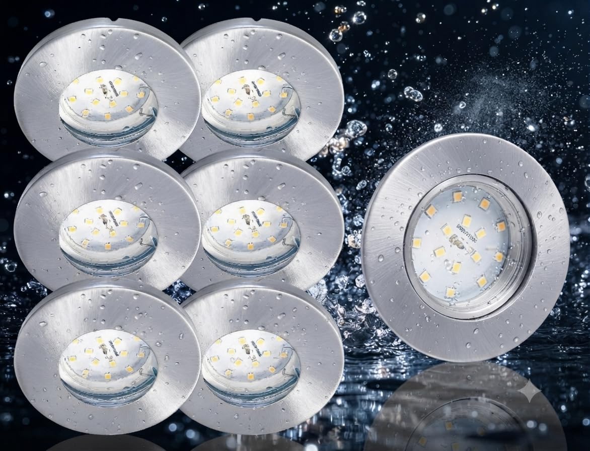 Trango 6er Set IP65 Bad Einbaustrahler 6729IP65-069-5WAK Aluminum gebürstet inkl. 6x 5 Watt GU10 LED Leuchtmittel 3000K warmweiß Außen Einbauleuchte, Bad Leuchte, Deckenspot, Dusche Deckenleuchte