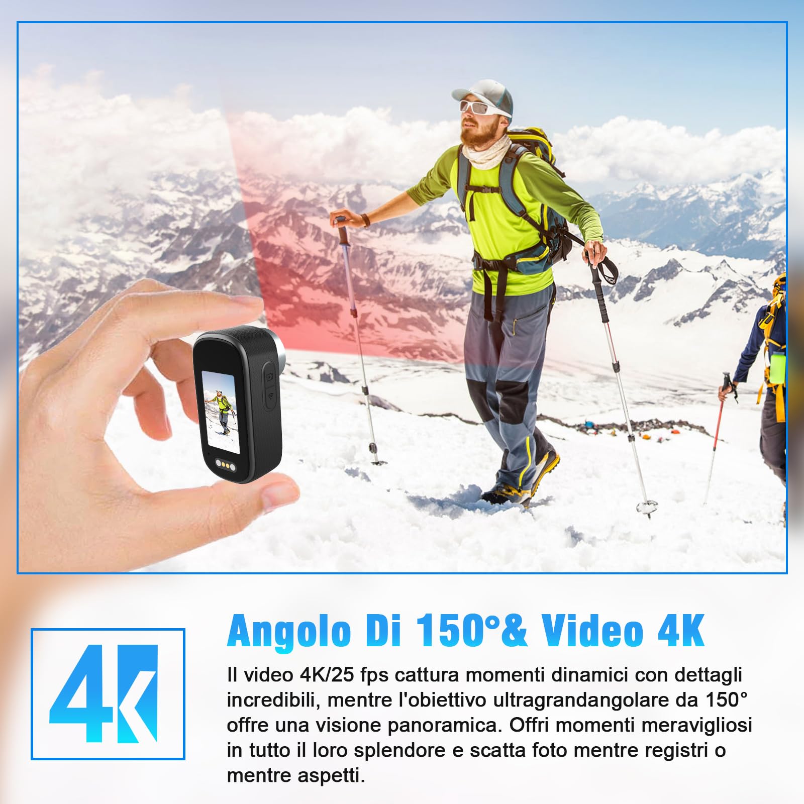 Action Camera Wifi 4K, Impermeabile Mini Action Camera Sportiva | Action Cam da Pollice per Casco da Bicicletta o Moto con Schermo da 1,3 Pollici e Magnete, 32GB Scheda SD