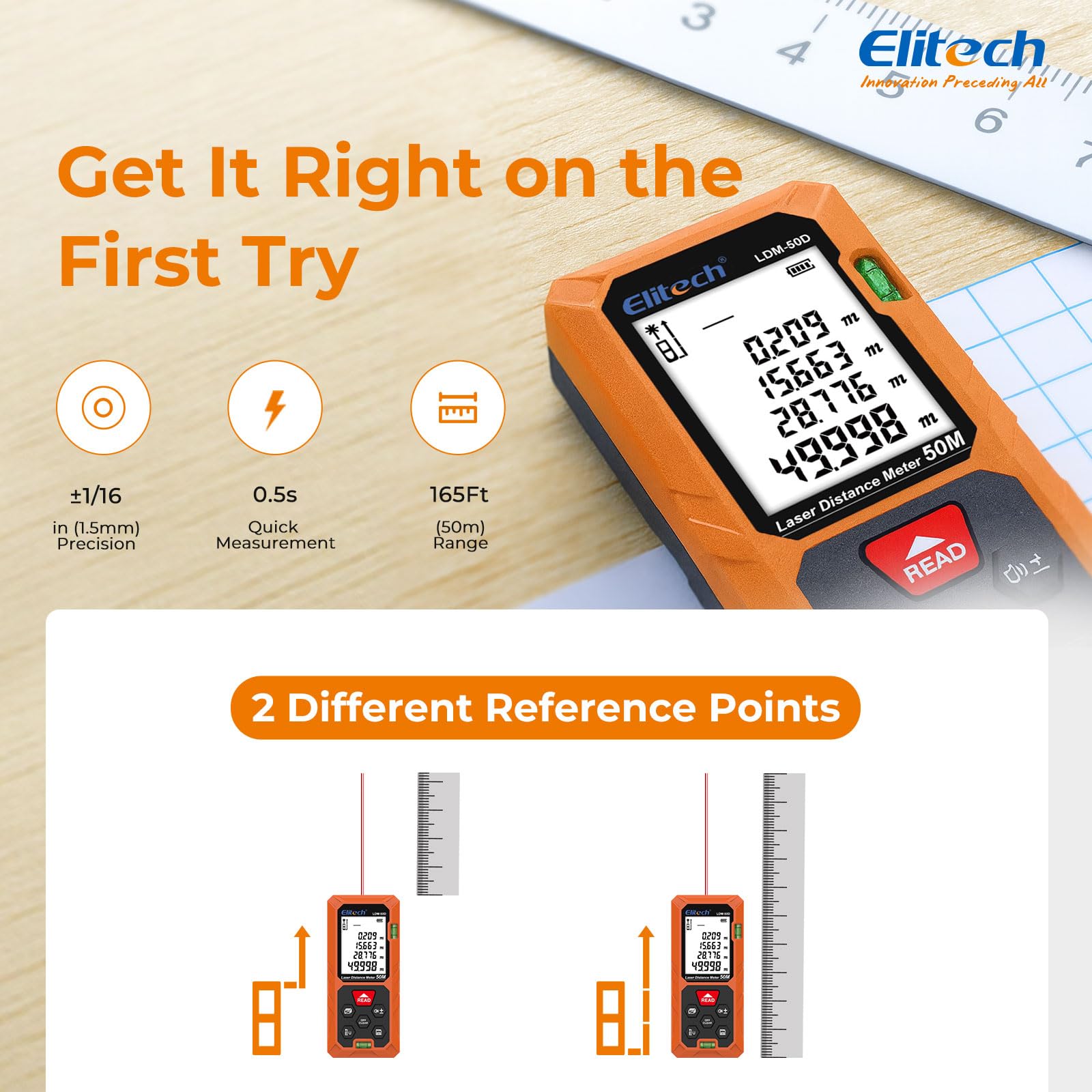 Elitech Dalmierz laserowy Bluetooth 50 m cyfrowy miernik laserowy z trybami powierzchni/głośności/pitagoras, 99 wspomnień, wbudowany poziomica, przełączane jednostki Ft/in/M