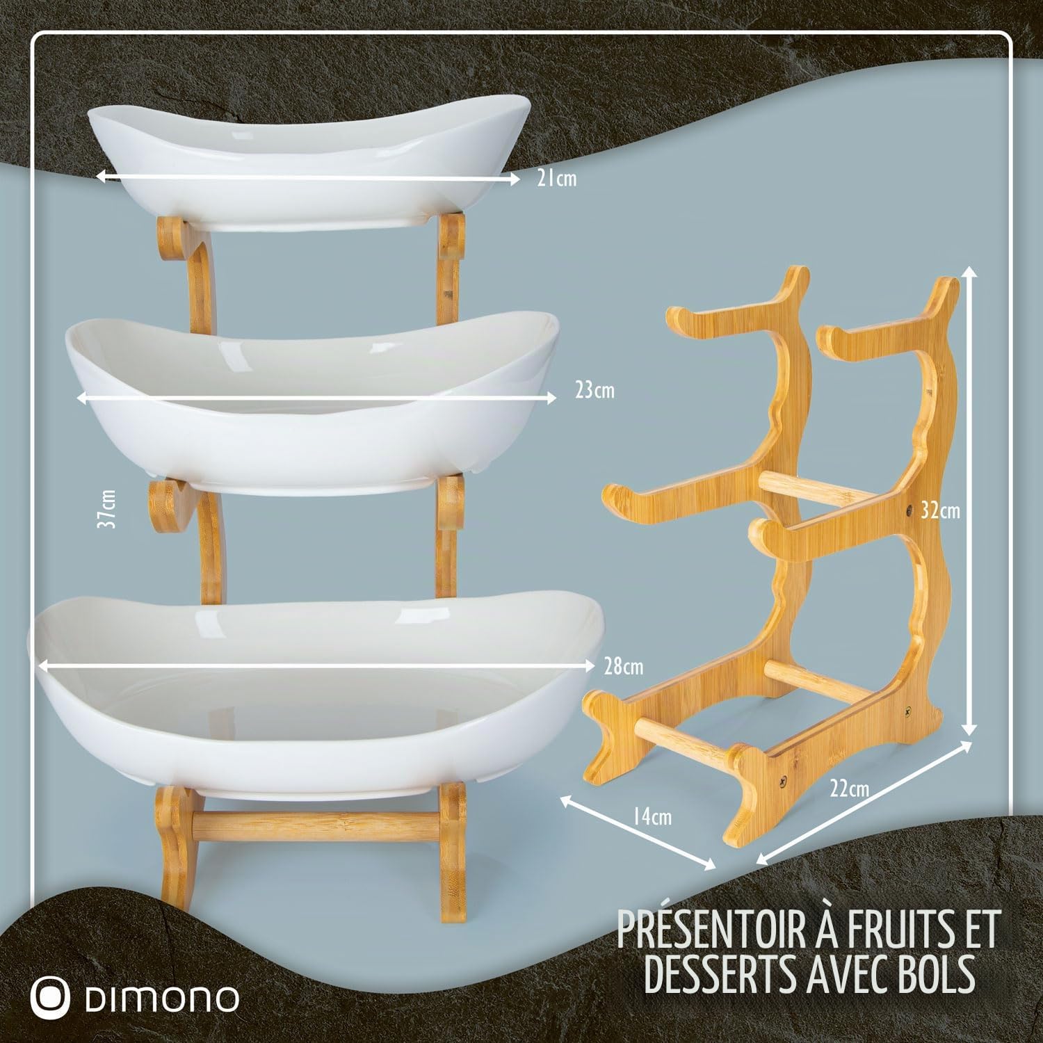 Dimono® Présentoir à Gâteaux 3 Étages - Coupes Céramique & Support Bambou | Étagère de service 3 niveaux | Plateaux ovales 28/23/21 cm | Desserts, fromages, fruits, apéritif