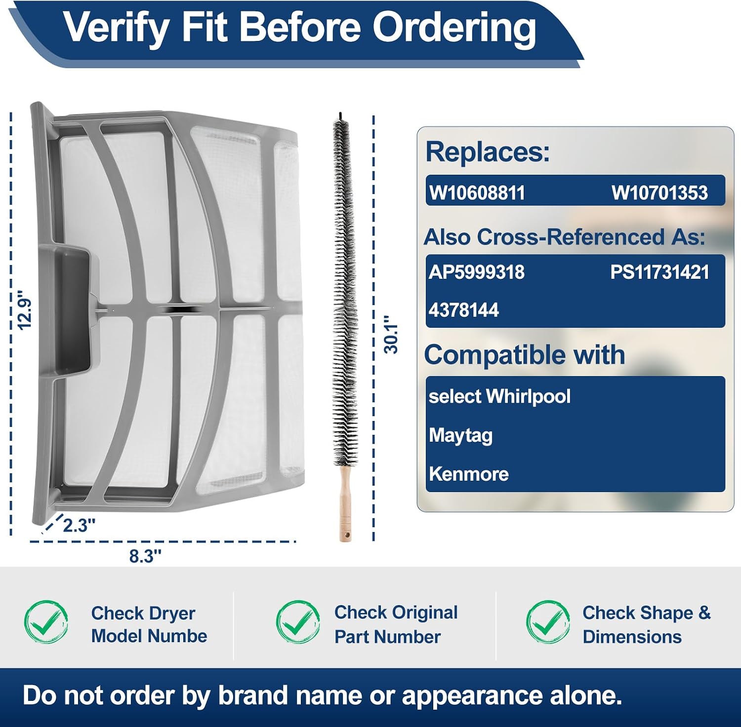 W10859086 Dryer Lint Screen Replacement for Select Whirlpool Dryers | Fits Select Maytag & Kenmore Dryers; Brush Included; Replaces W10608811; Helps with Lint Buildup & Poor Airflow; Verify Model thumbnail