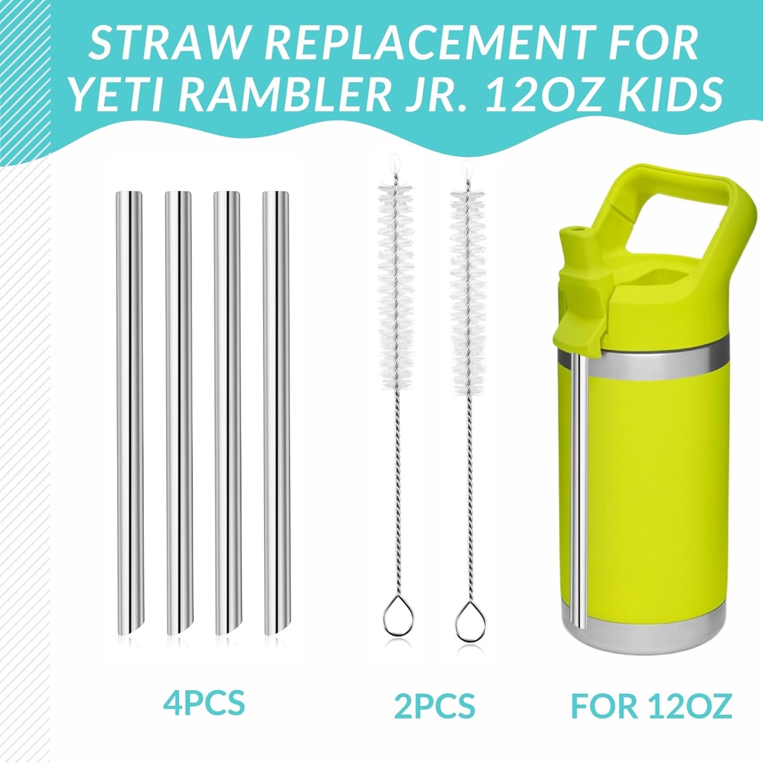 4PCS Replacement Metal Straw for YETI Rambler Jr. Water Bottle, Reusable Stainless Steel Replacement Straws with 2PCS Cleaning Brushes Compatible with YETI Rambler Jr. Bottle (12OZ) - Image 2