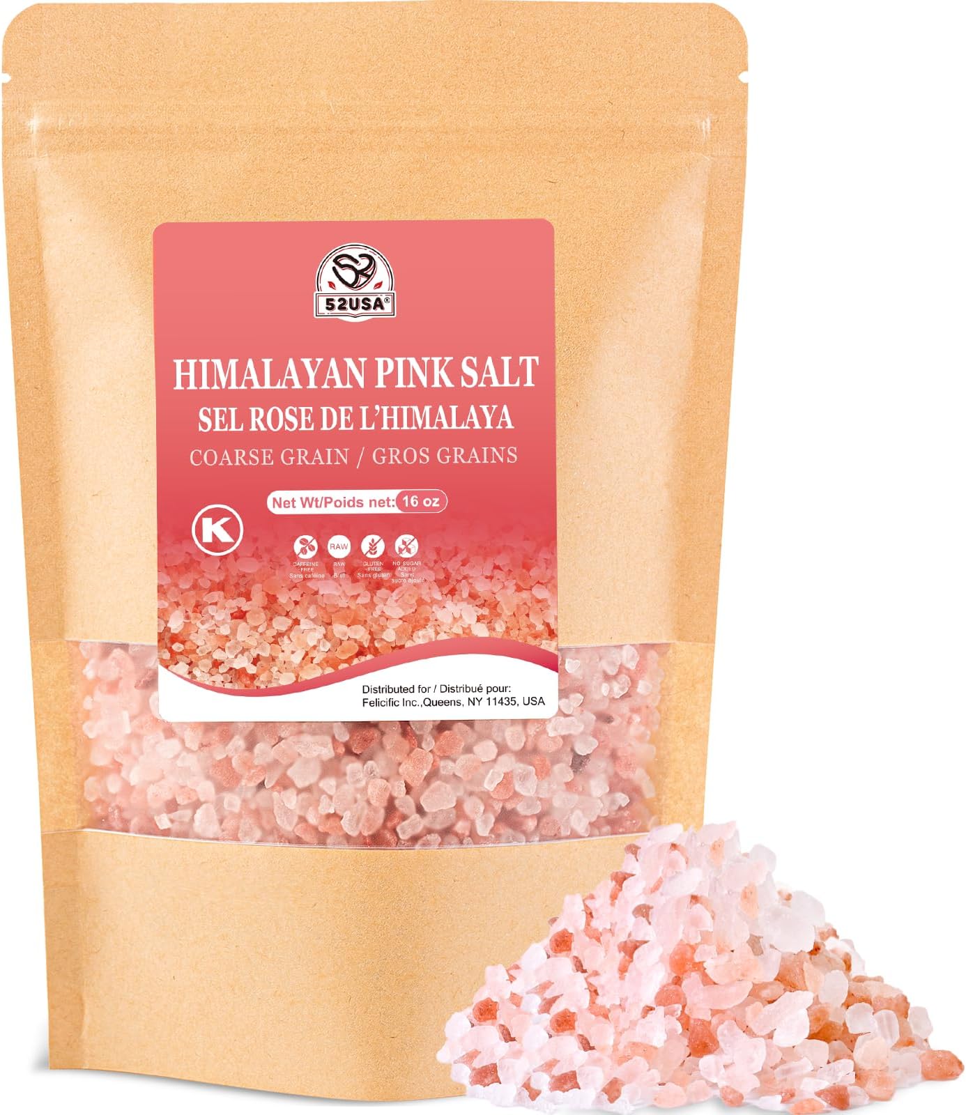 52USA Himalayan Pink Salt Coarse, Coarse Grain 1 lb, Pink Himalayans Sea Salt, Sea Salts for Grinder Refill, Himalayan Salts, Pink Salt, No Artificial Colors, No Additives, No Gluten, Kosher Certified