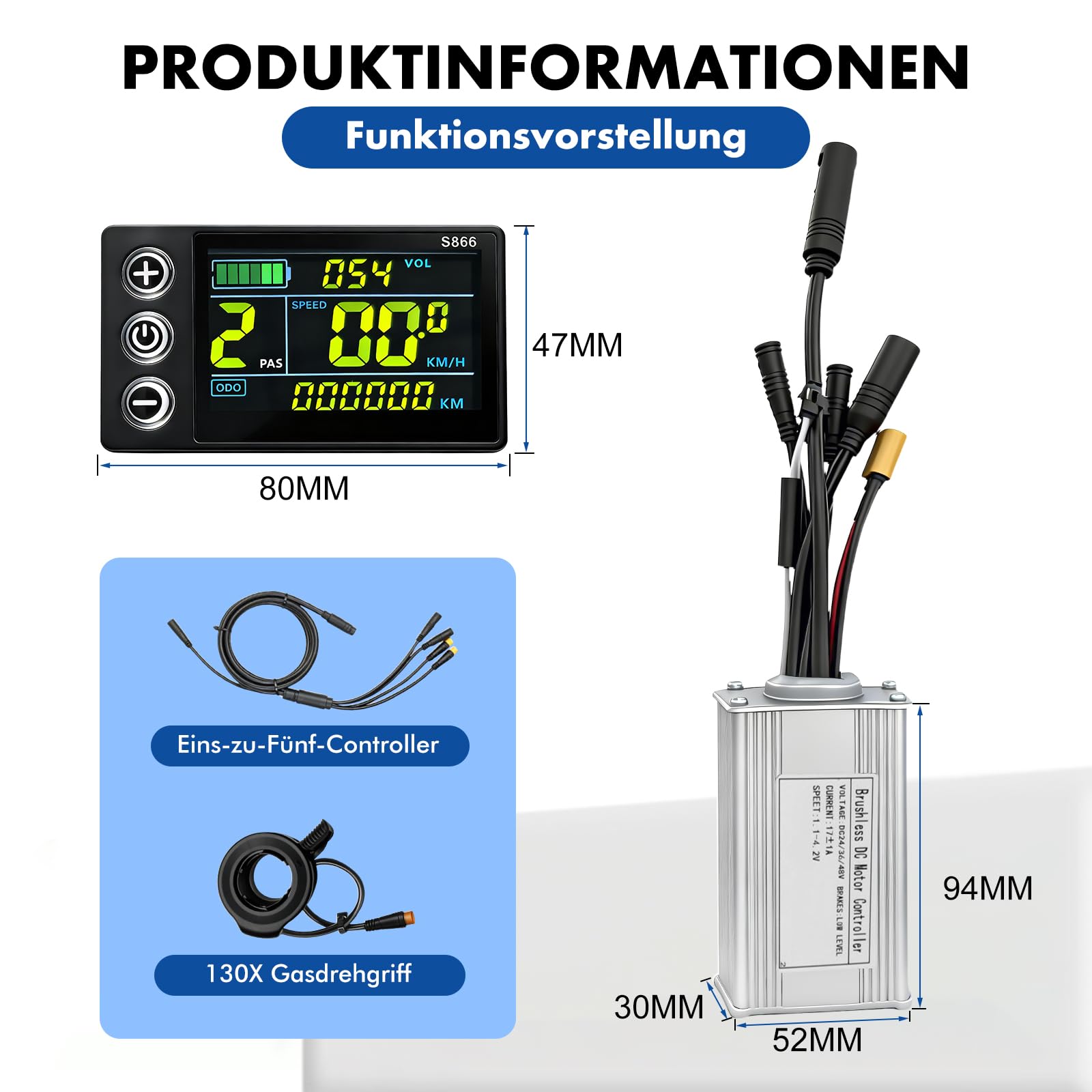E-Bike Brushless Motor Controller Kit, 24V 36V 48V 250W 17A 3 Modus Sinuswellen Motor Controller S866 Farb LCD Display 130X Daumengas Kit für Elektrofahrrad Elektroroller