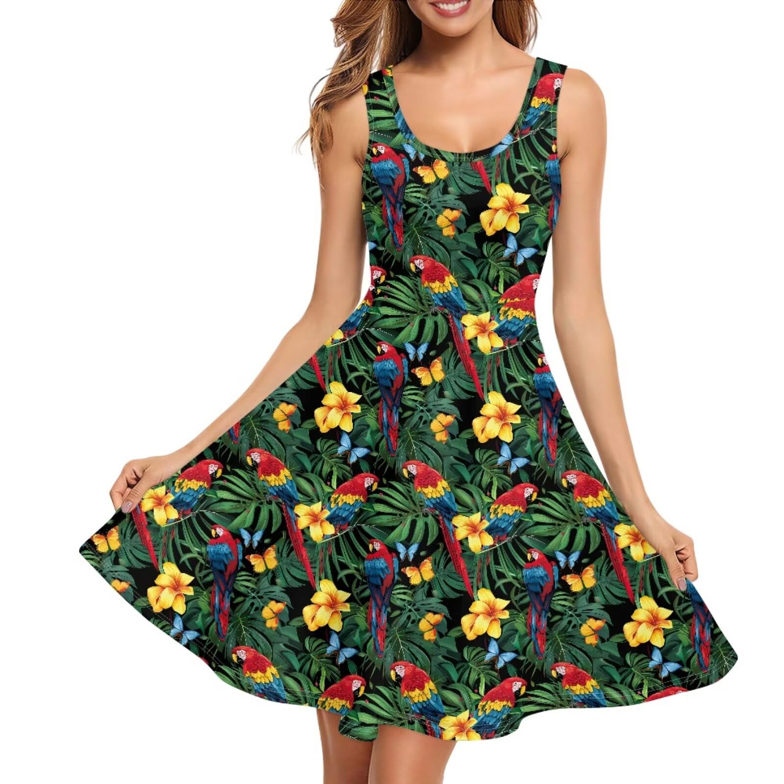 Women Stylish Tank Dresses Sleeveless Round Neck Midi Casual Dress with Pocket for Summer