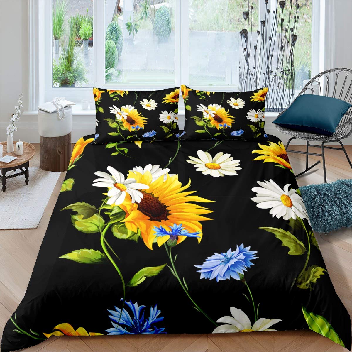 Loussiesd Sunflower Bedding Set Floral Print Comforter for Kids Boys Girls Teens Ultra Blossom Flowers Pattern Duvet Breathable Bedspread Black Room Decor 3Pcs Bedclothes King Size