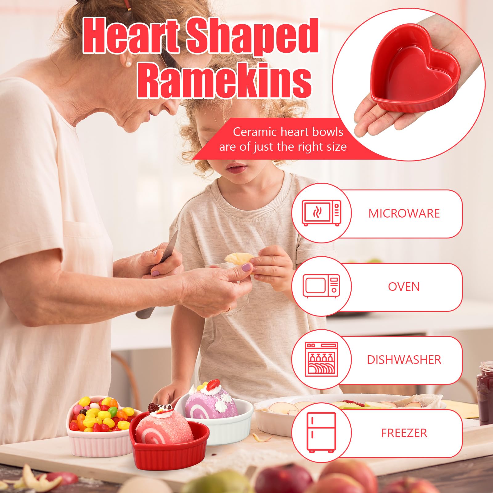 Ramequines de cerámica con forma de corazón para el día de San Valentín, 6 onzas, aptos para horno, platos de crema brulee, cuencos pequeños para hornear, para cocina, fiesta, aperitivos, servir,