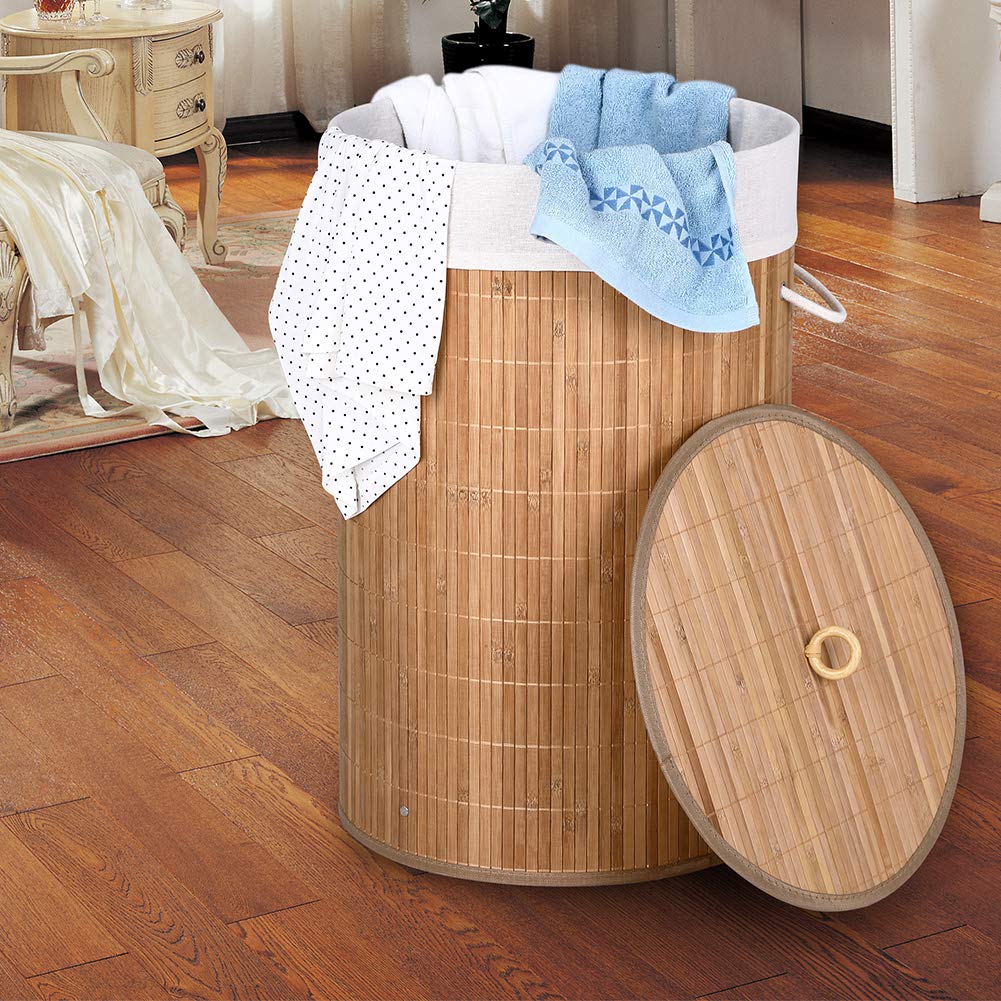 Bakaji Cesto Biancheria Sporca Portabiancheria Casa in Legno di Bambù e Tessuto Contenitore Pieghevole Salvaspazio con Coperchio e Manici Capacità 70lt Dimensione 38 x 60 cm (Naturale)