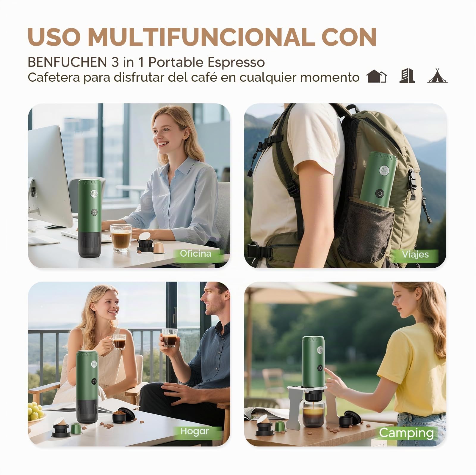 Cafetera portátil 3 en 1, máquina de espresso de 19 bares con calentamiento automático, compatible con cápsulas NS y DG, así como café molido para camping, senderismo, viajes y hogar (Verde)
