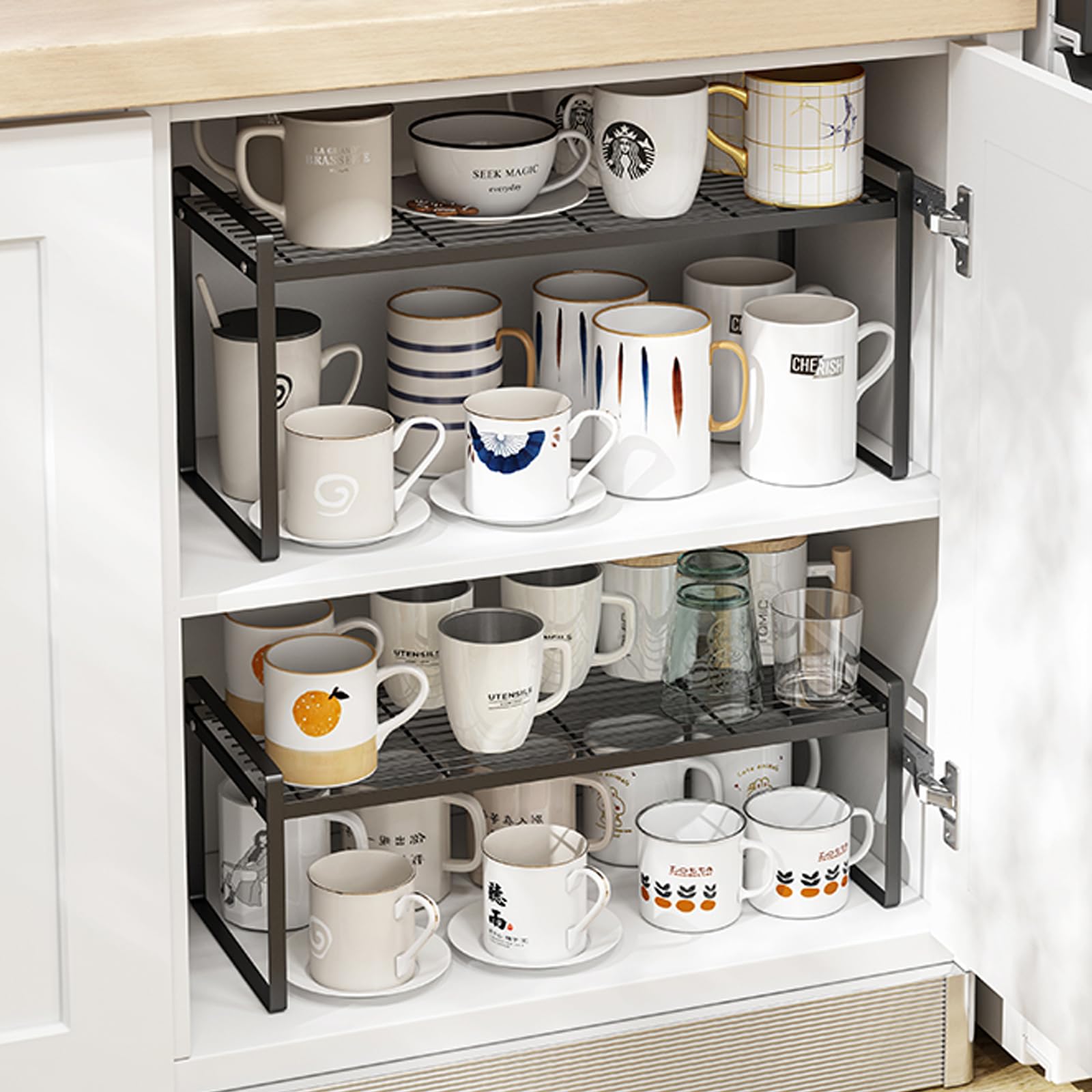BAIEUEJO 2pcs Shelf Insert, Kitchen Cupboard Organiser with Non-Slip Mat, Kitchen Cabinet Insert - Image 2