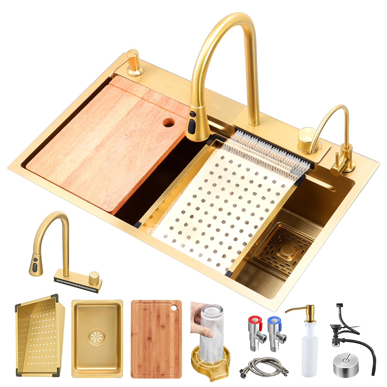 YADZISW Stainless Steel Kitchen Sink 68x45cm Large 1 Bowl Top Mount with Waterfall Faucet & Removable Cutting Board - Durable Rectangular Design for Effortless Cooking Cleaning