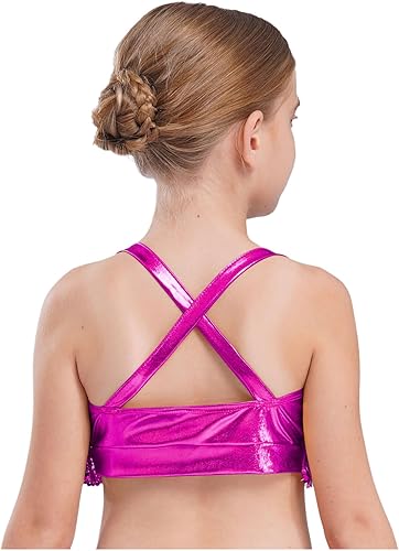 Aislor Kids Girls Modern Jazz Hip Hop Cheerleading Dance Outfits Sequin Camisole Crop Tops with Skirt Set Dancewear(Hot Pink,15-16 Years)