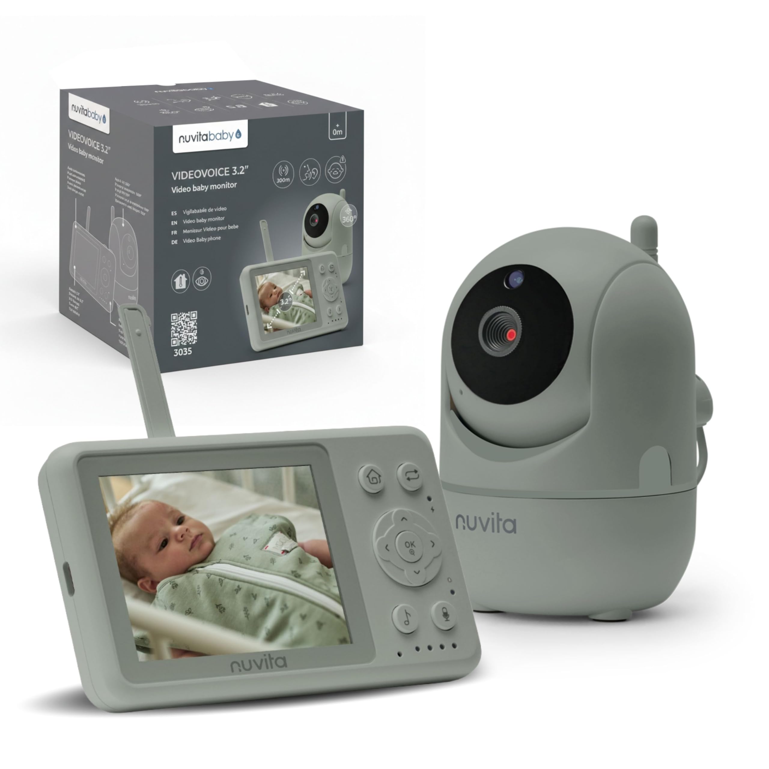 Nuvita 3035 Baby Monitor Video 3.2" - Cámara HD 360° Pan & Tilt, Visión Nocturna, Alcance 300m, Audio Bidireccional, VOX, Sensor de Temperatura