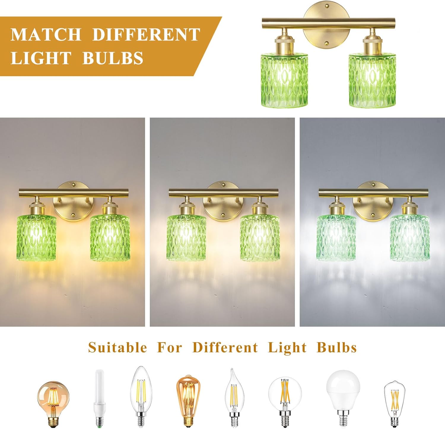 Bathroom Vanity Light, Gold Wall Fixture Over Mirror, Green Glass Shade Lighting with Bulbs Included for Bedroom & Living Room,2-Lights