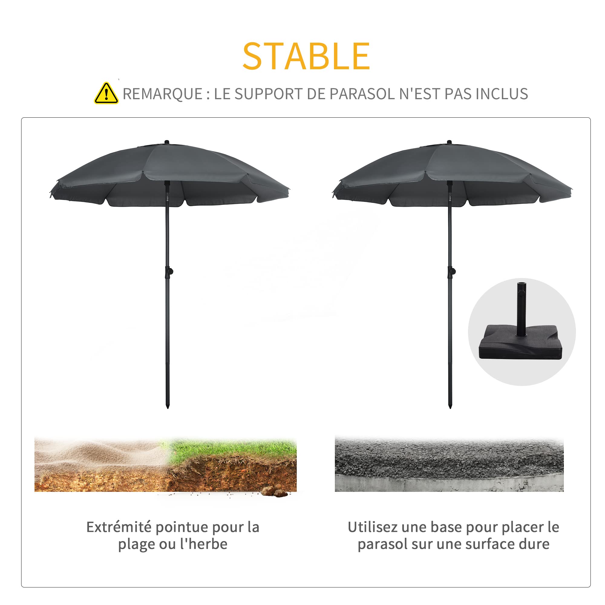 Outsunny Parasol de Plage Parasol de Jardin Extérieur Ø 180 cm Gris Foncé | Inclinable, Protection UV 50+, avec 8 Baleines, Sac de Transport Inclus