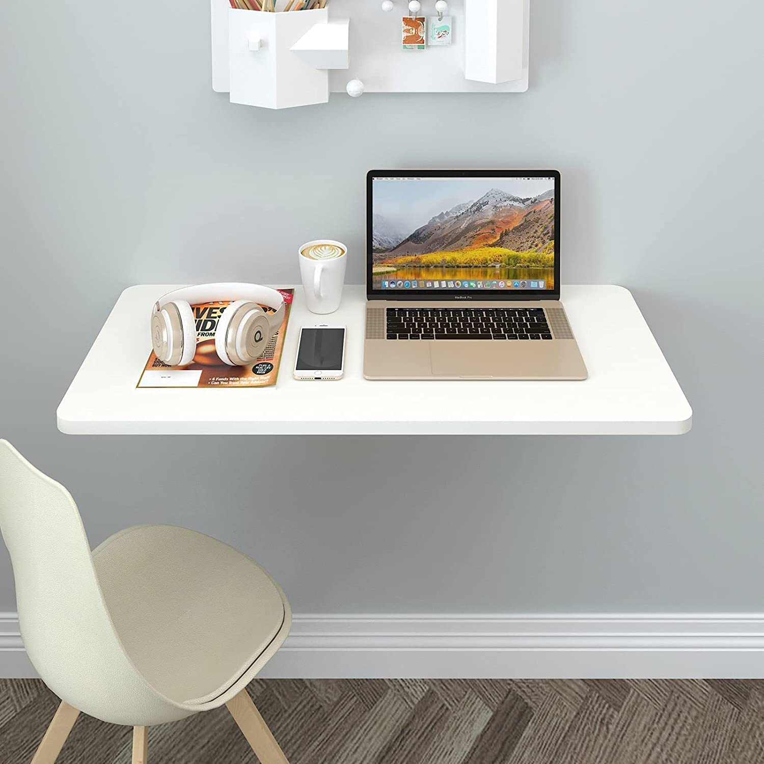 Bureau mural blanc et table pliante pour informatique ou cuisine