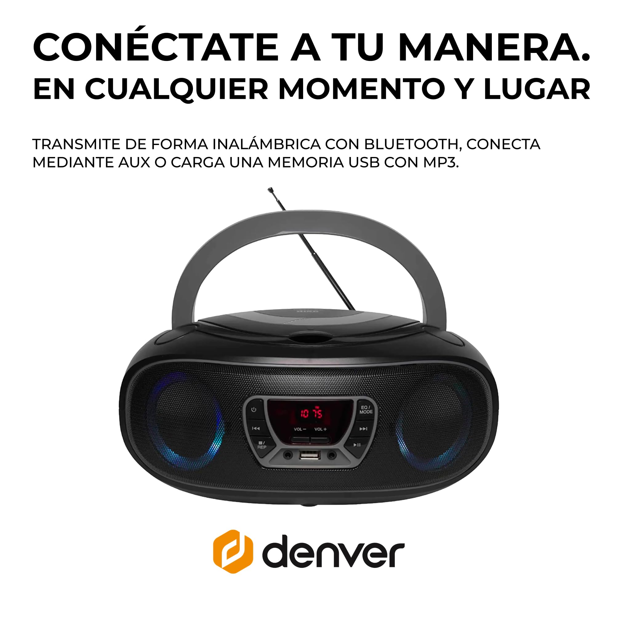 Denver Electronics TCL-212BT GREY reproductor de CD Reproductor de CD portátil Negro, Gris - Unidad de CD (4 W, FM, Externo, Reproductor de CD portátil, Negro, Gris, 3,5 mm)