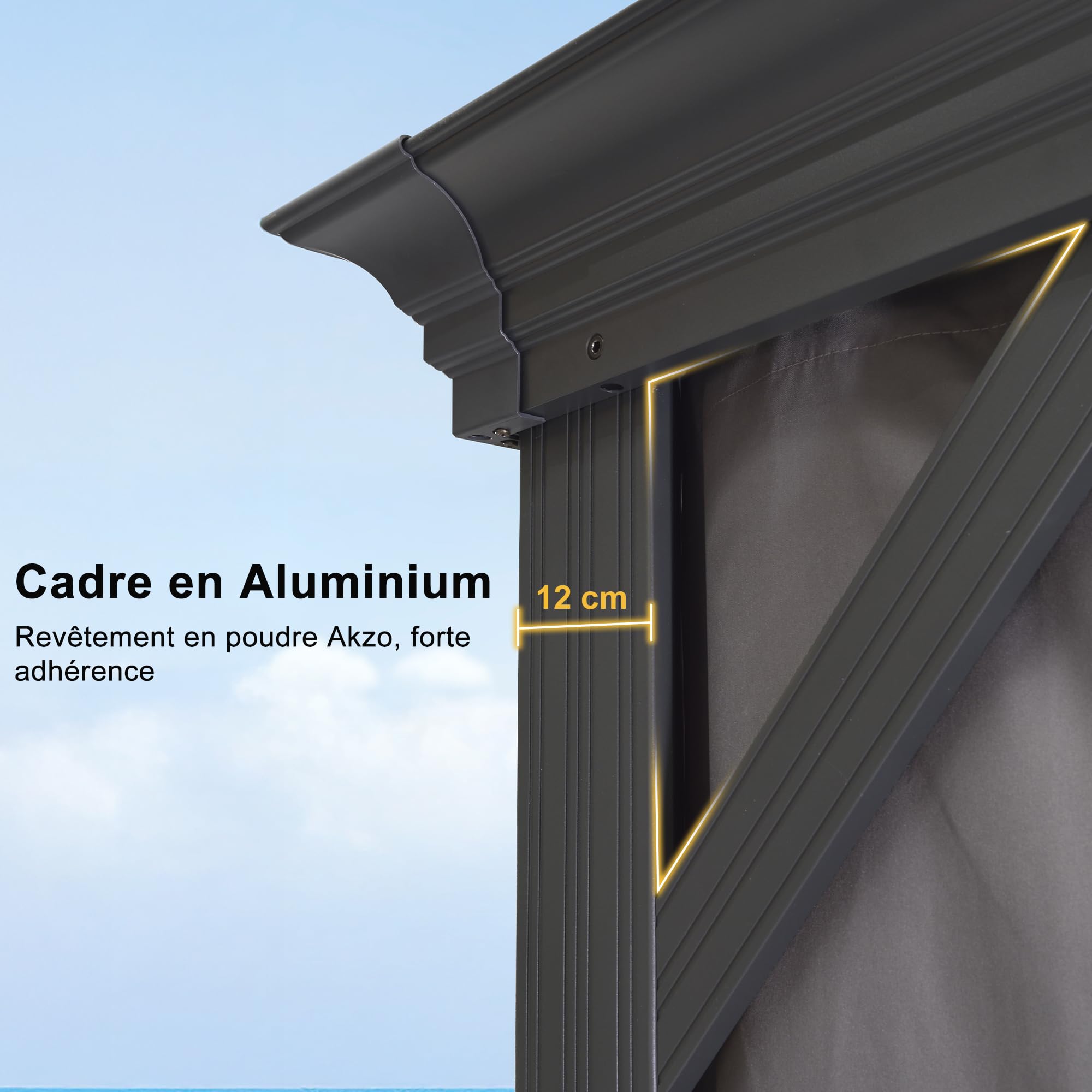 PURPLE LEAF Pergola Tonnelle de Jardin 3,65 × 3 m Toit Rigide Double Acier Galvanisé Gouttière Intégrée Poteaux Renforcés Rideaux Moustiquaire Gris