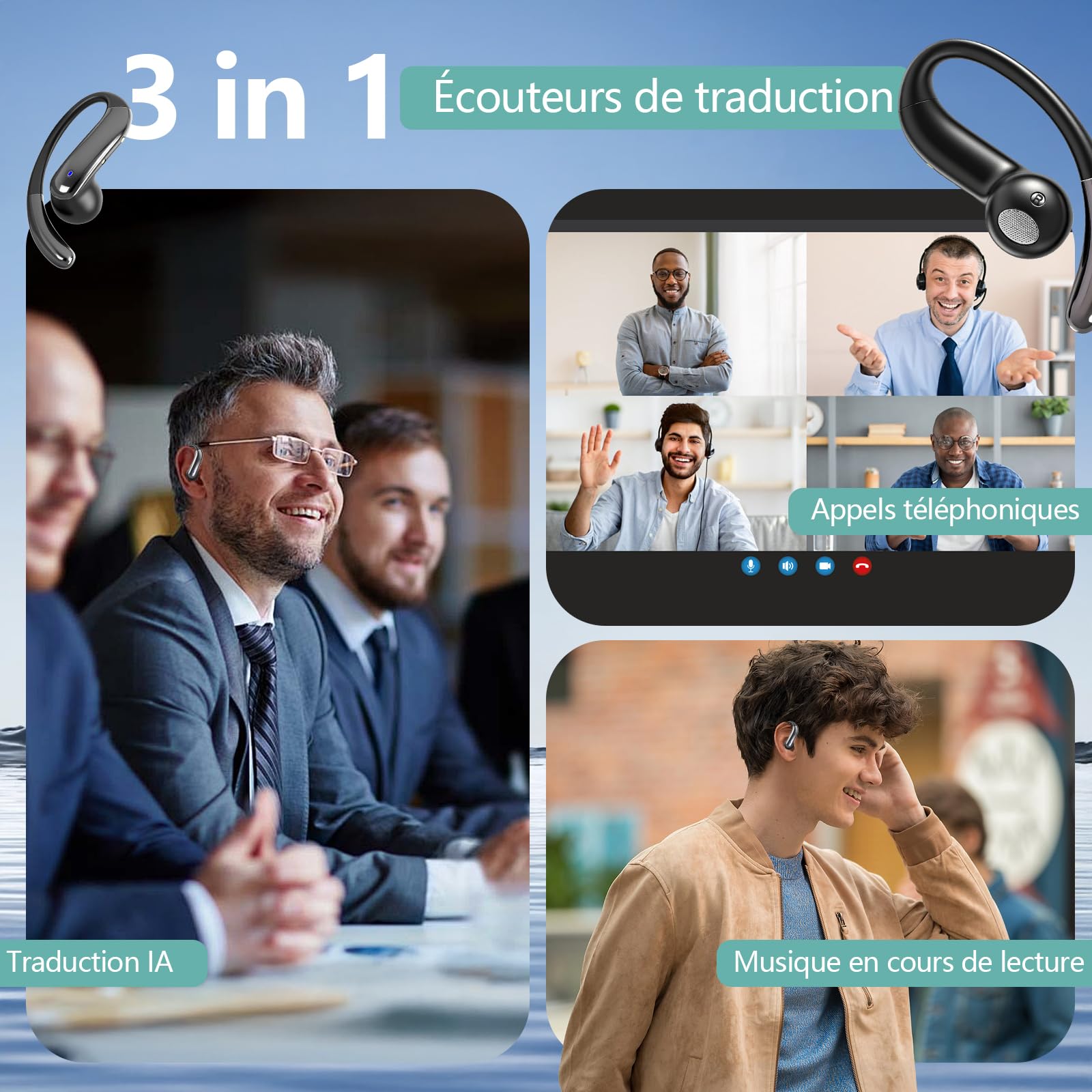 Casque Traducteur Intelligent 164 Langues 4 en 1 Ouvert 7 Modes Traduction Musique Sport Apprentissage Voyage