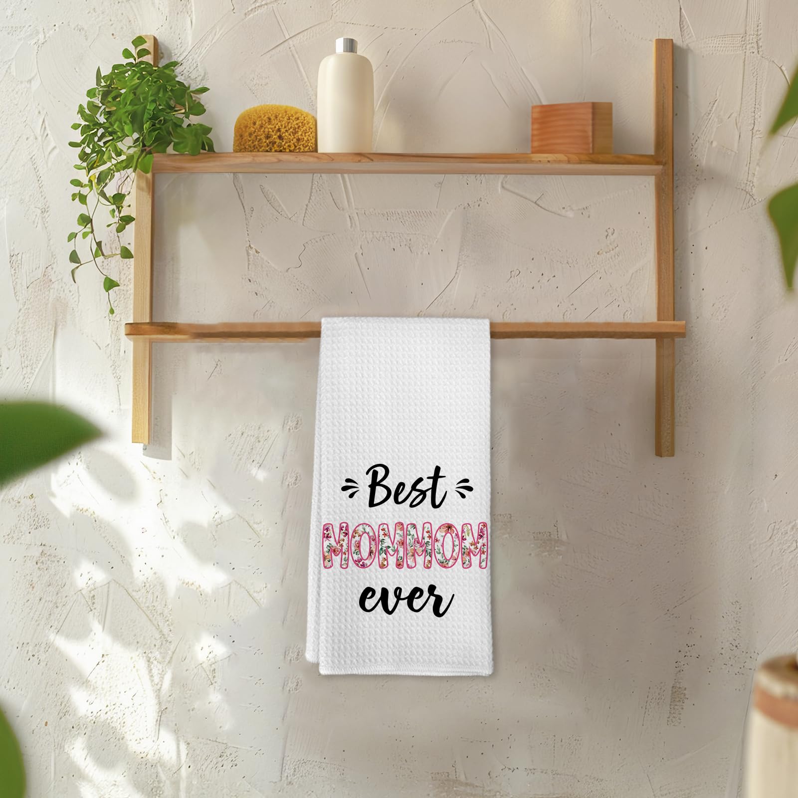 Best Mommom Ever Mothers Day Birthday Kitchen Towel Gifts for Grandma Mommom from Grandkids Granddaughter, Floral Mommoms Gifts Dish Hand Tea Towels for Bathroom Kitchen Decor, 16x24 Inch