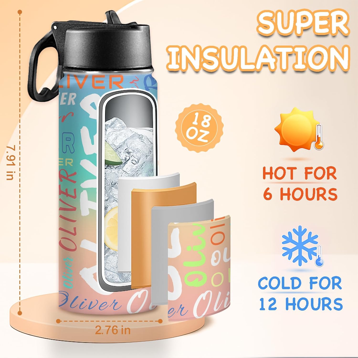 Personalized Water Bottles for Kids for School With Name or Text Custom Insulated Stainless Steel Sports Water Bottle with Straw and Handle for Girls and Boys Straw Lid Back to School Gift - Image 3