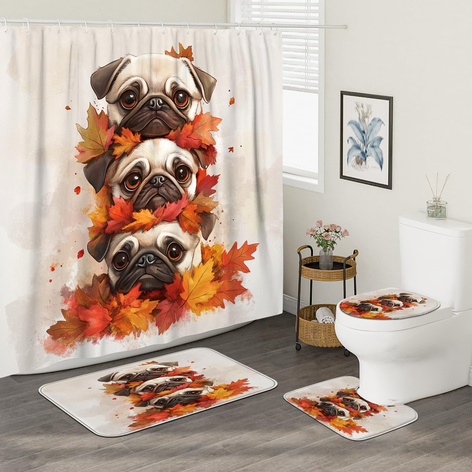 4PCS Fall Pug Dog Bathroom Accessory Sets with Non-Slip Rug, U Shape and Toilet Lid Cover Mat, Cute Autumn Maple Leaf Bathroom Fabric Decor-72''x72''
