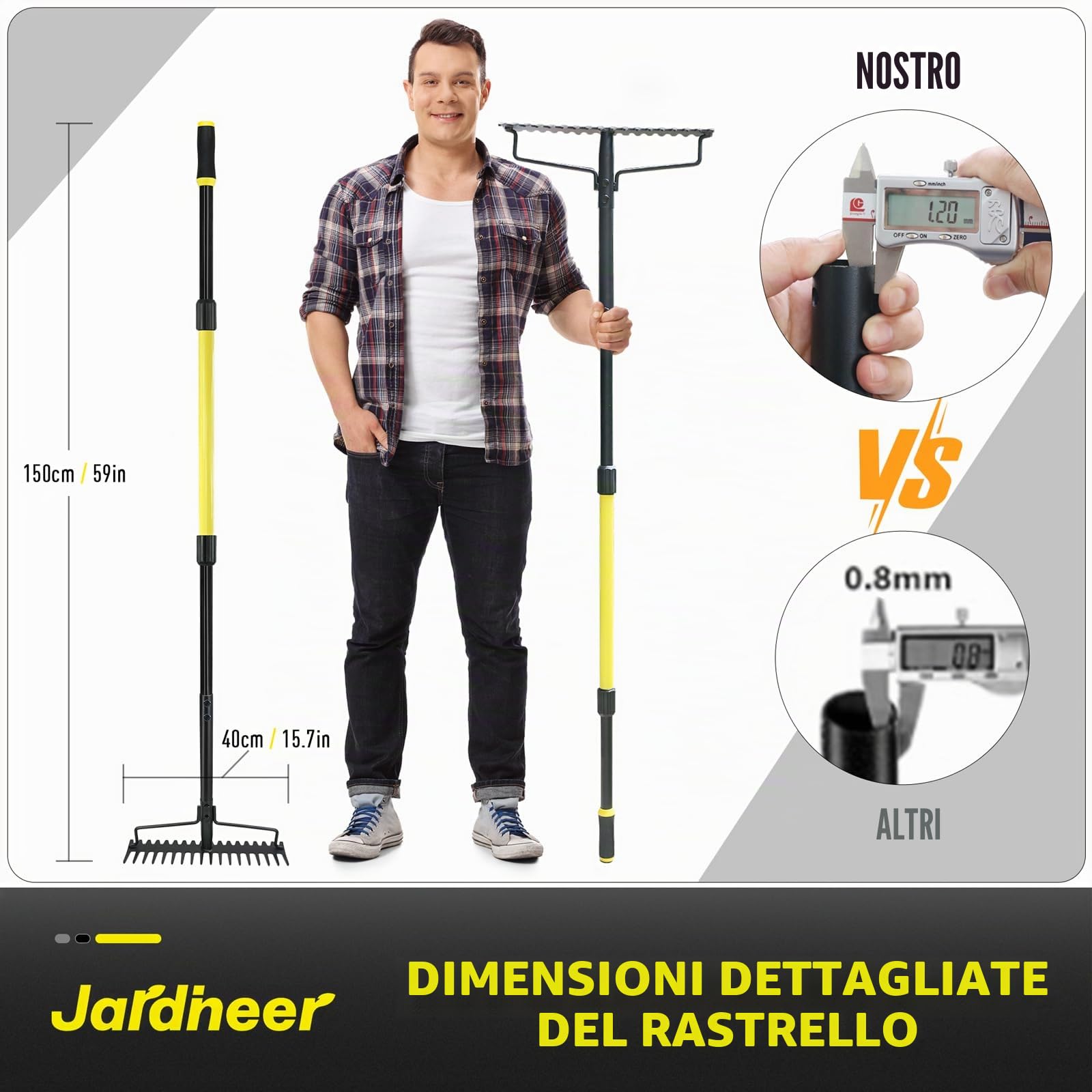 Jardineer Rastrello ad arco resistente, con manico lungo, in metallo, per ghiaia, rocce, foglie di prato, livellamento del terreno, paesaggistica, rastrello da giardino con 18 denti in acciaio (150 cm