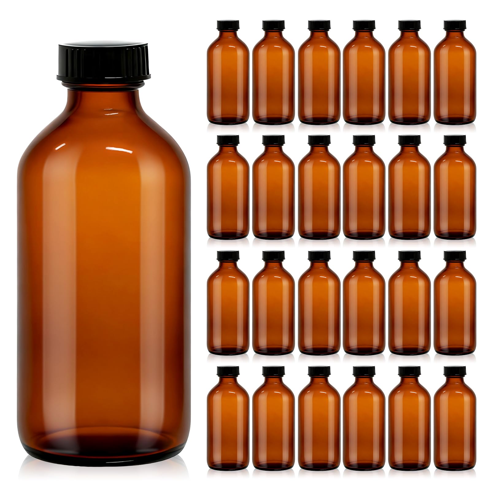 24 Pack 8 oz Amber Glass Boston Round Bottles with Phenolic Polycone Caps – Airtight, Leak-Proof Bottles for Vanilla Extract, Kombucha Brewing, Essential Oils, and Homemade Solutions