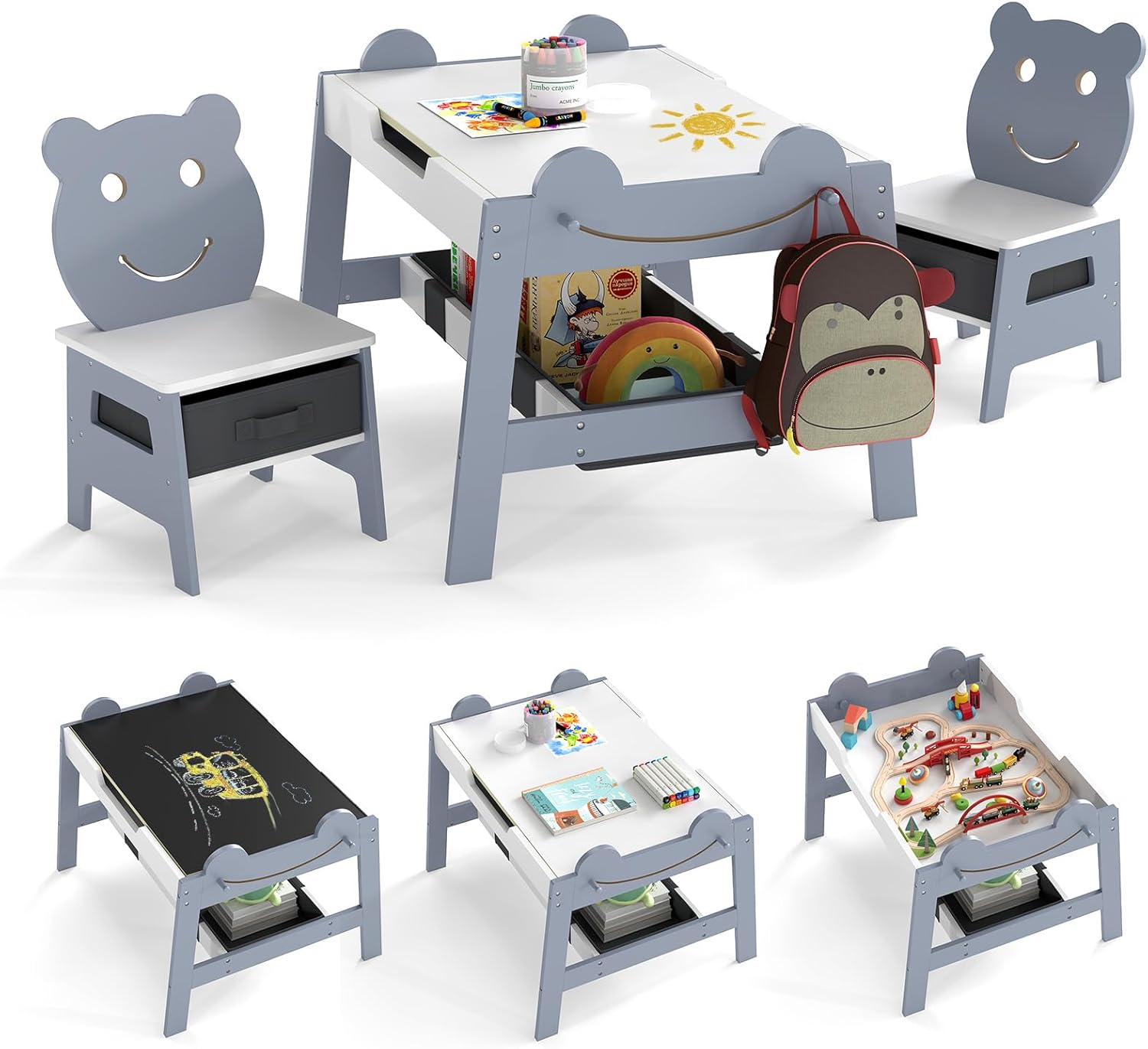 Costzon Kids Table and Chairs, Multifunctional Art Desk Set w/Chalkboard & Whiteboard, 4 Hooks, Large Storage Space and 2 Bins for Children 3+, Toddler Activity Table Set (Gray, 27.5” x 24” x 20”)