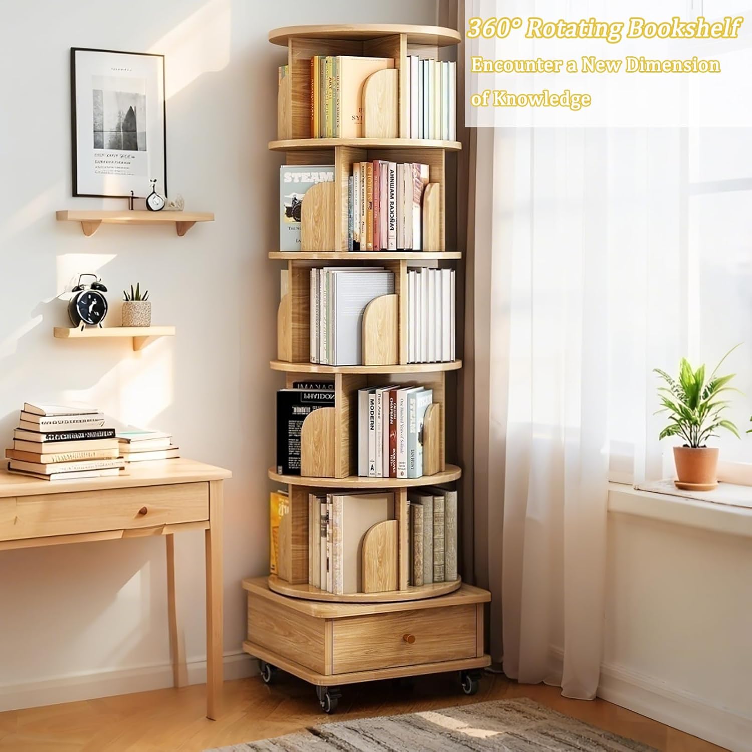 6 Tier 360° Rotating Bookshelf with Drawer & Wheels, 68” Tall Spinning Bookcase Tower, Space-Saving Round Corner Shelf for Small Spaces, Bedroom, Living Room