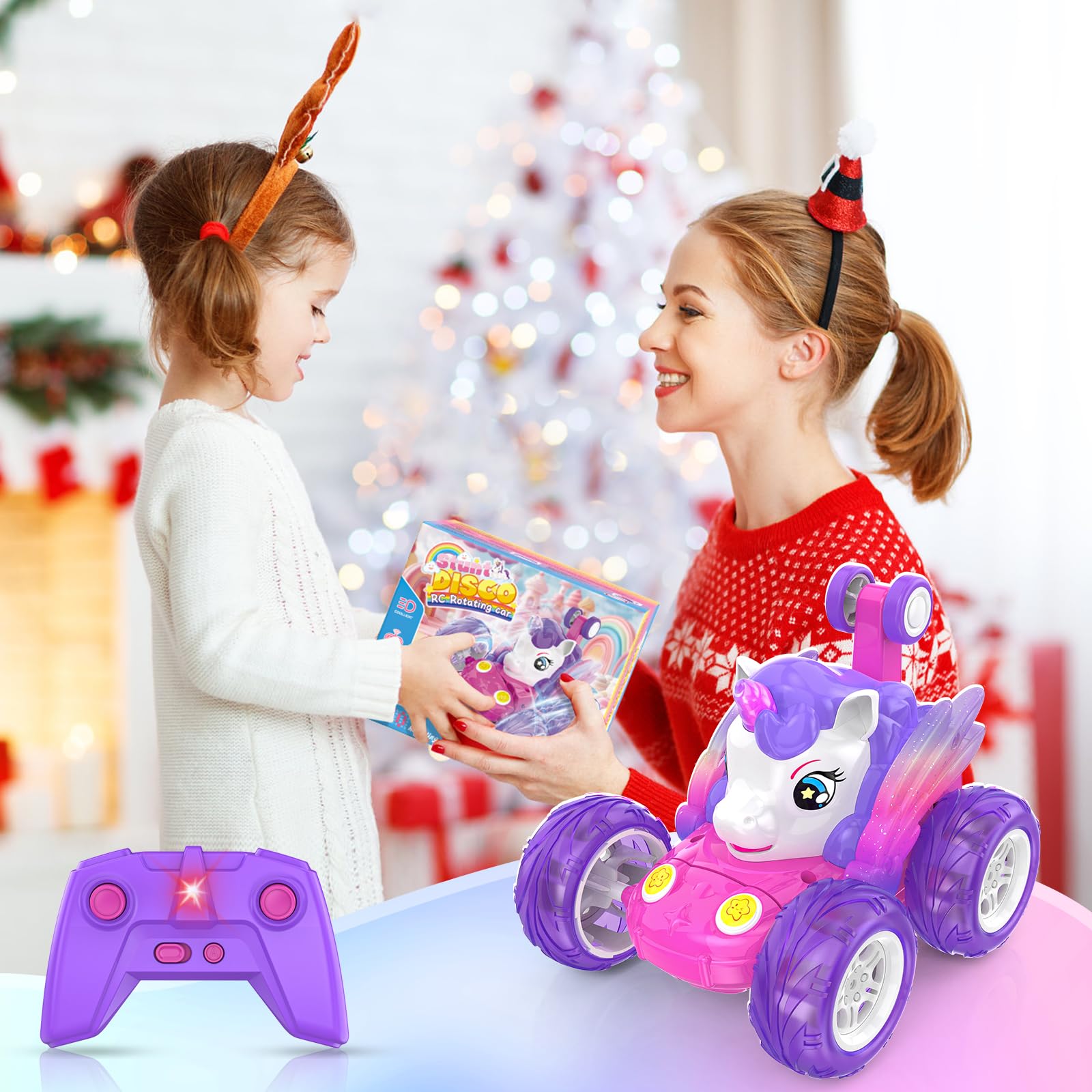 Voiture Telecommandée Fille 3 4 5 6 7 8 Ans, Jouet Licorne RC Stunt Car 360°Rotation Monster Truck Radiocommandee Jeux Enfant Intérieur Extérieur Cadeau Anniversaire Noel Véhicule Téléguidée Rose - 5