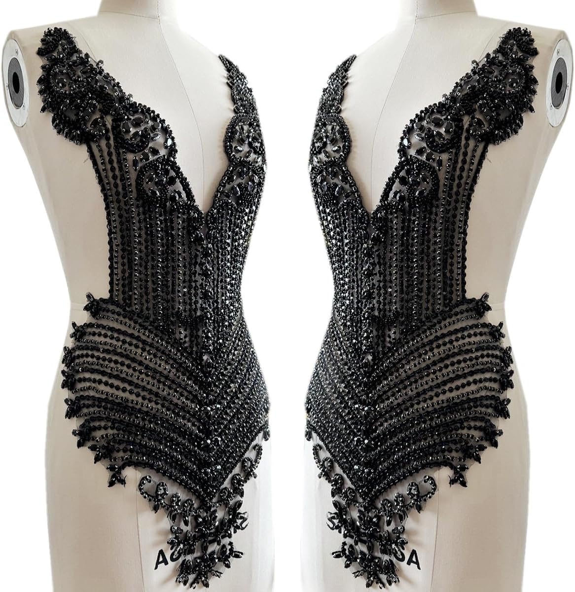 Handmade Large Beads Rhinestones lace Applique Bodice Patches Trimming sew on Sequins Stones Beads Shining Heavy Decoration for Wedding Dress (DarkGreen)