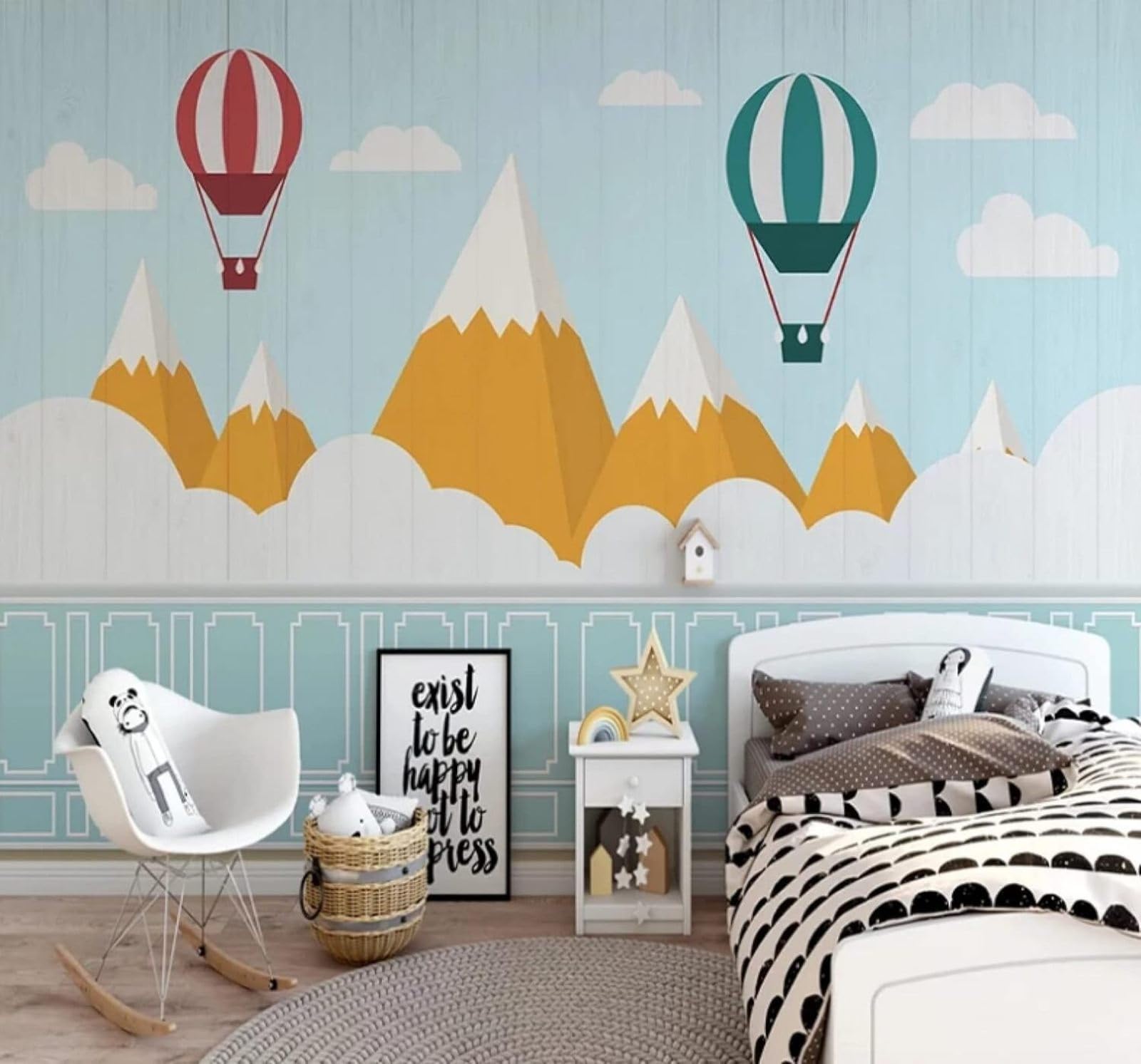 XLMING Cartoon Blue Hot Air Balloon Mountain Peaks White Clouds 3D Wallpaper Luxury Silk Study Dining Feature Sofa Grey Bedroom Living Room Tv Decorative Wall-430cm×300cm