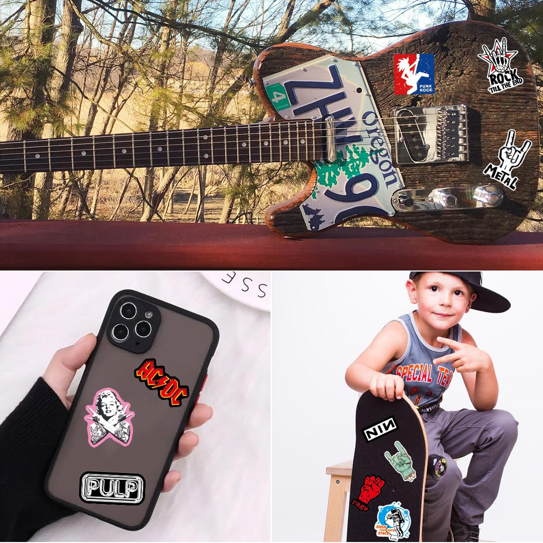 Adesivi Musica Rock and Roll,Sticker Punk Classico,Confezione da 100 Adesivi Vinile Impermeabile per Computer Portatile, Auto, Chitarra, Paraurti, Bottiglia