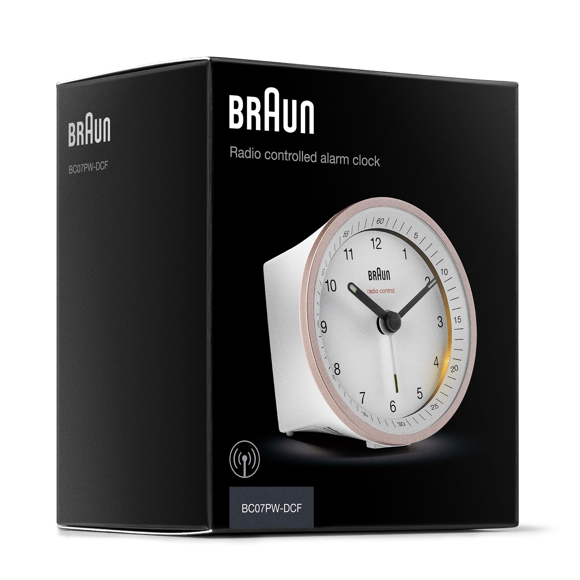 Klassischer analoger Funkwecker von Braun für die Mitteleuropäische Zeitzone (MEZ/GMT+1) mit Schlummerfunktion und Beleuchtung, ruhigem Uhrwerk, Crescendo-Alarm in Weiß und Rose, Modell BC07PW-DCF