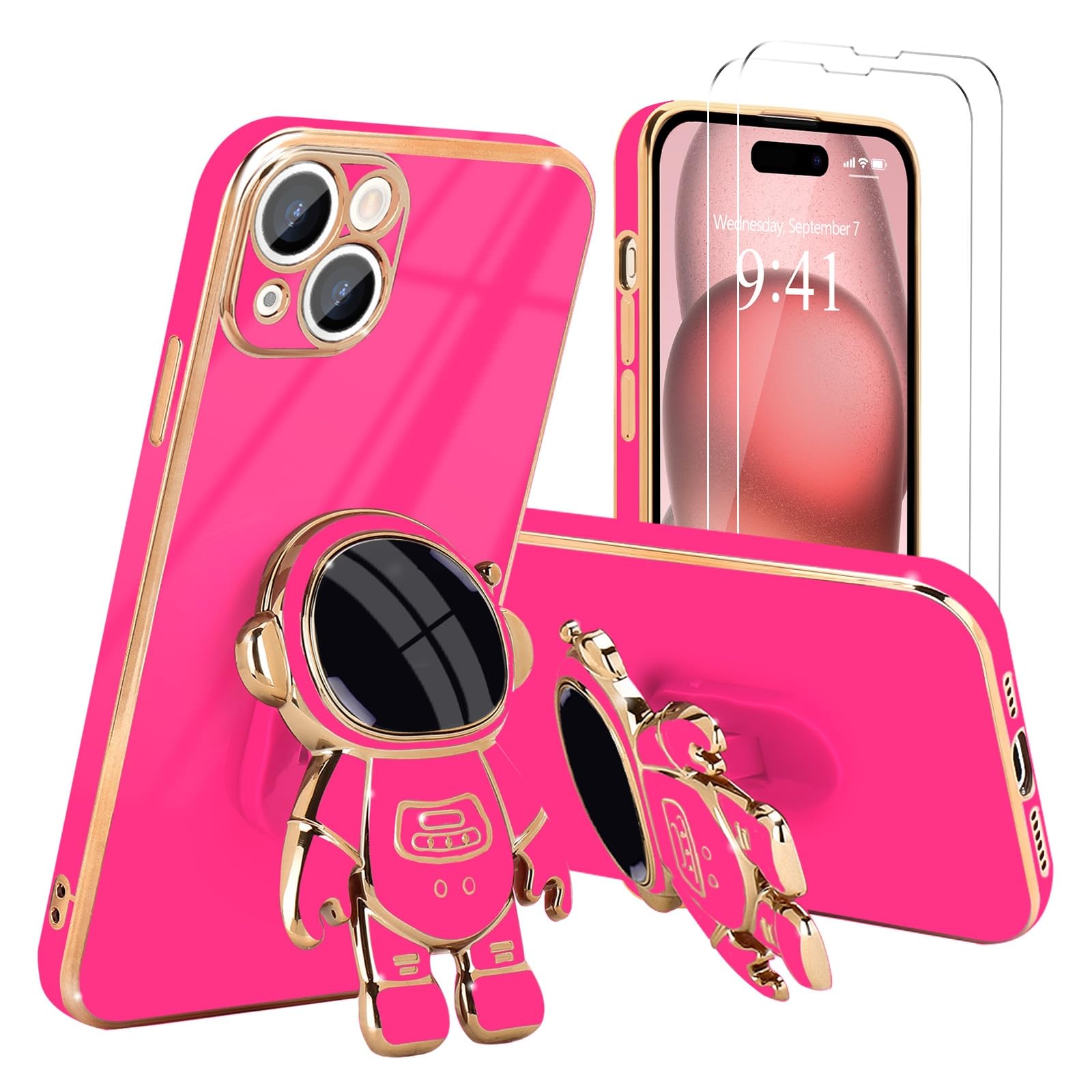 for iPhone 15 Case, Cute 3D Astronaut Stand with [2 Screen Protector] [Camera Protection] Kickstand Shockproof Bling Silicone Soft Cover for Apple iPhone 15 Phone Case, Hot Pink