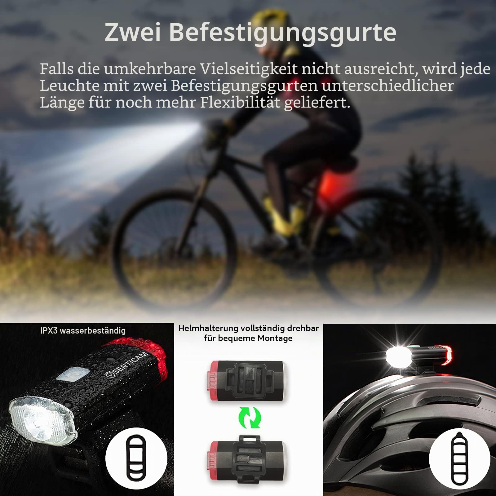 Licht, wiederaufladbar über USB, Dual-Front- und Heck-Licht, IPX3, wasserdicht, tragbare Taschenlampe für alle Rennradfahrer