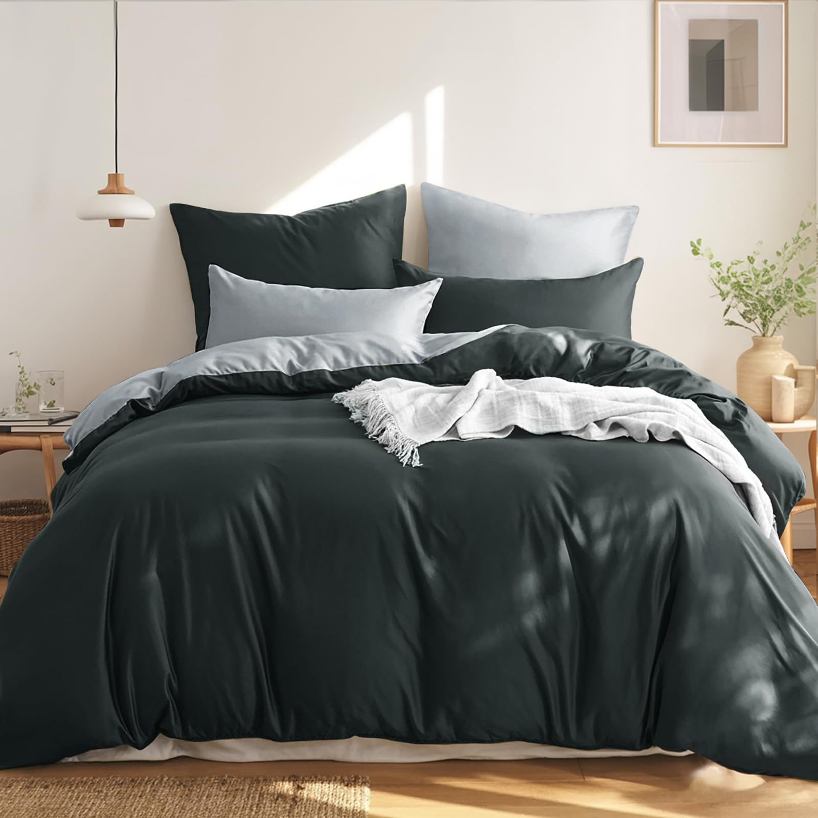 RUIKASI Bettwäsche 200x200 Baumwolle Grau - Bettwäsche-Sets 200x200cm 3teilig Wendebettwäsche 3tlg mit Reißverschluss, zweifarbige Bettbezug Set Anthrazit und Hellgrau Cotton