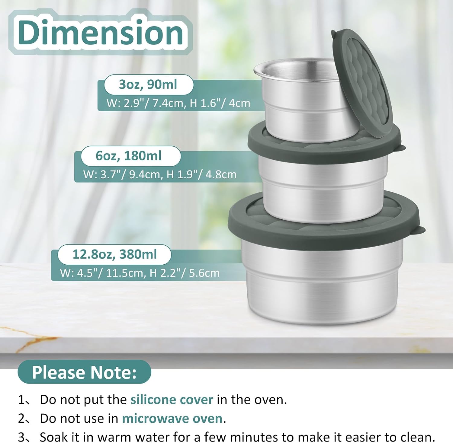 Leonyo Stainless Steel Containers with Lids, 3 Pack Stainless Steel Snack Containers, Leakproof & Stackable Lunch Box with Silicone Lid for Office, Home, School, Picnic (90ml, 180ml, 380ml - Grey) image 2