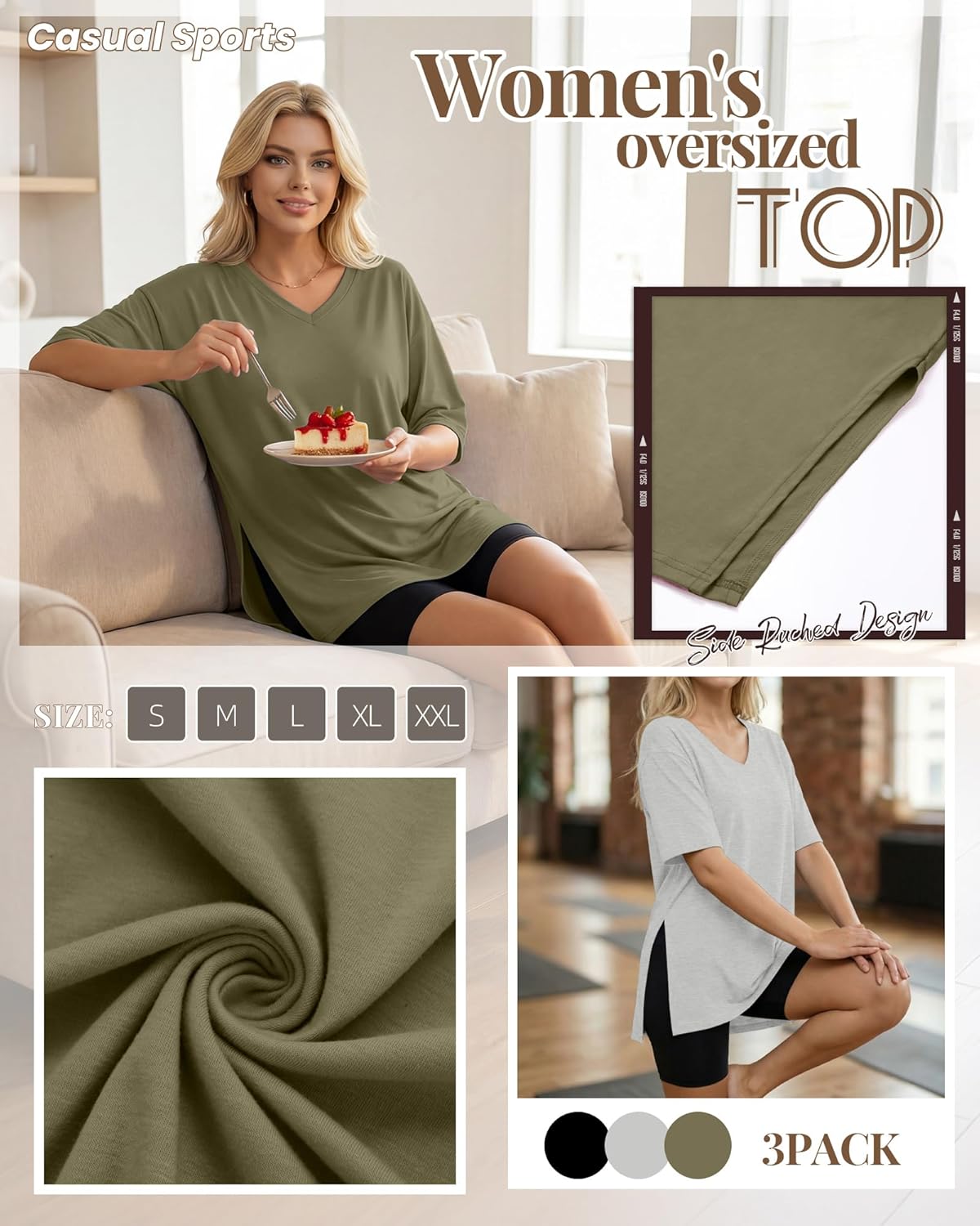 Huukeay 3 Pack Oversized Shirts for Women V Neck Workout T Shirt Casual Side Split Tee Short Sleeve Loose Tops Tunic Tops - Image 4