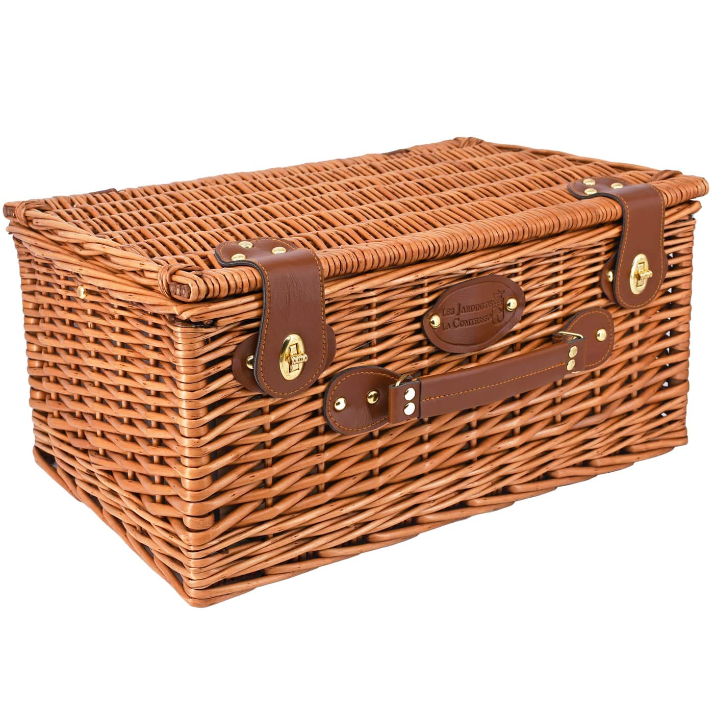Les Jardins de la Comtesse - Cesto da picnic Marly in tessuto a quadretti blu - Completo- 4 Persone - Scomparto frigo isotermico - Piatti in ceramica e bicchieri da vino in vetro - 46 x 31 x 20 cm