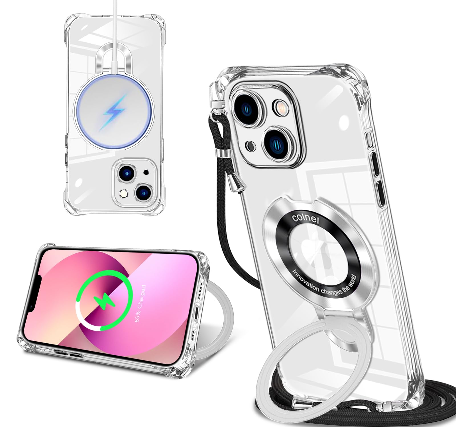 iPhone 13 mini 用 ケース クリア MagSafe対応 リング付き ネック ショルダー アイフォン13mini 縄掛けケース 透明 肩掛け 斜めかけ 韓国 可愛い 縄掛け カバー 丸型スタンド付き マグネット搭載 縦横両対応 耐衝撃 ワイヤレス充電 ストラップホール付き あいほん 13mini スマホケース