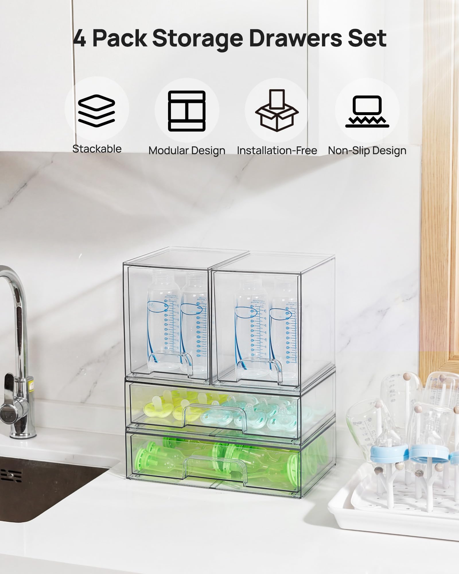 Vtopmart Set di 4 cassetti impilabili alti 7,6 cm e larghi 30,5 cm, in plastica trasparente, organizer per trucchi, cosmetici, articoli di bellezza, ideali per vanità, bagno, armadio, dispensa